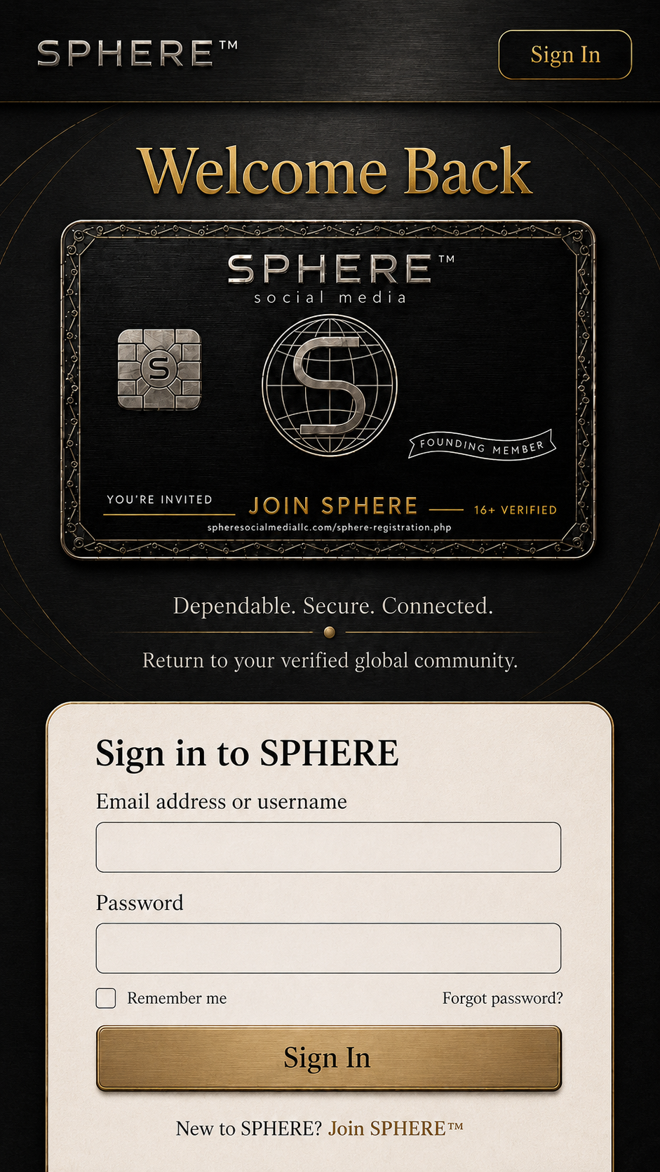 SPHERE Welcome Back sign-in page